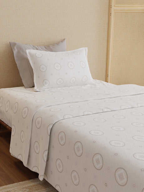 100% Kasturi Cotton 200 TC, White Printed Single Size Bedsheet with 1 Pillow Cover, Indo Musk Collection