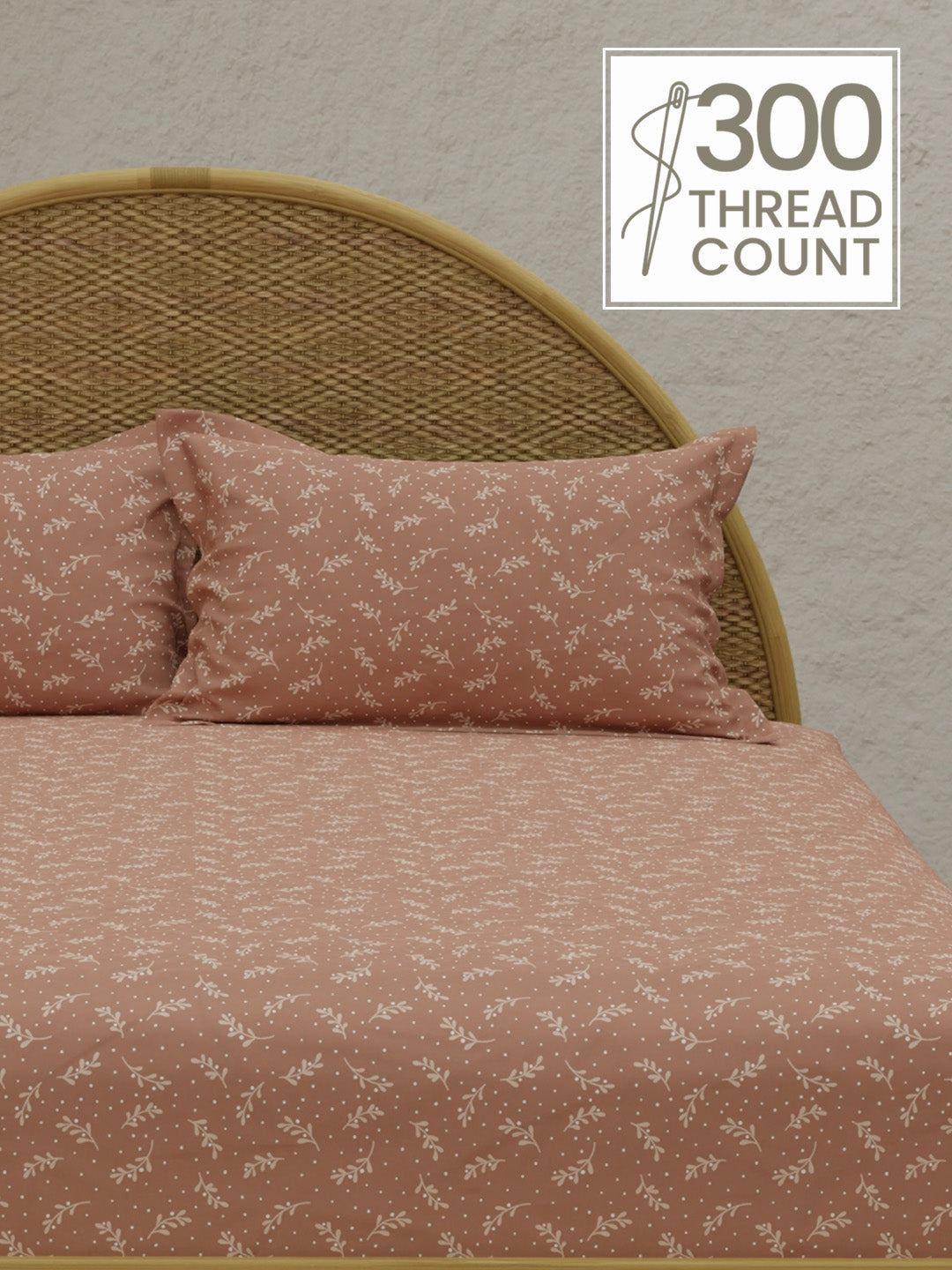 Sandalwood Aroma, 100% Cotton 300 TC, Light Brown Printed King Bedsheet with 2 Pillow Covers (Nature Bouquet Collection)