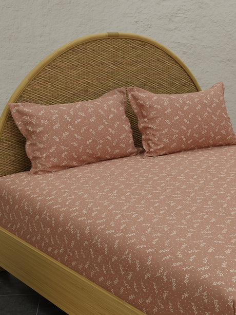 King Size Bedsheet Set with Gift Box - 100% Cotton 300 TC Light Brown Printed Sandalwood Aroma, Nature Bouquet