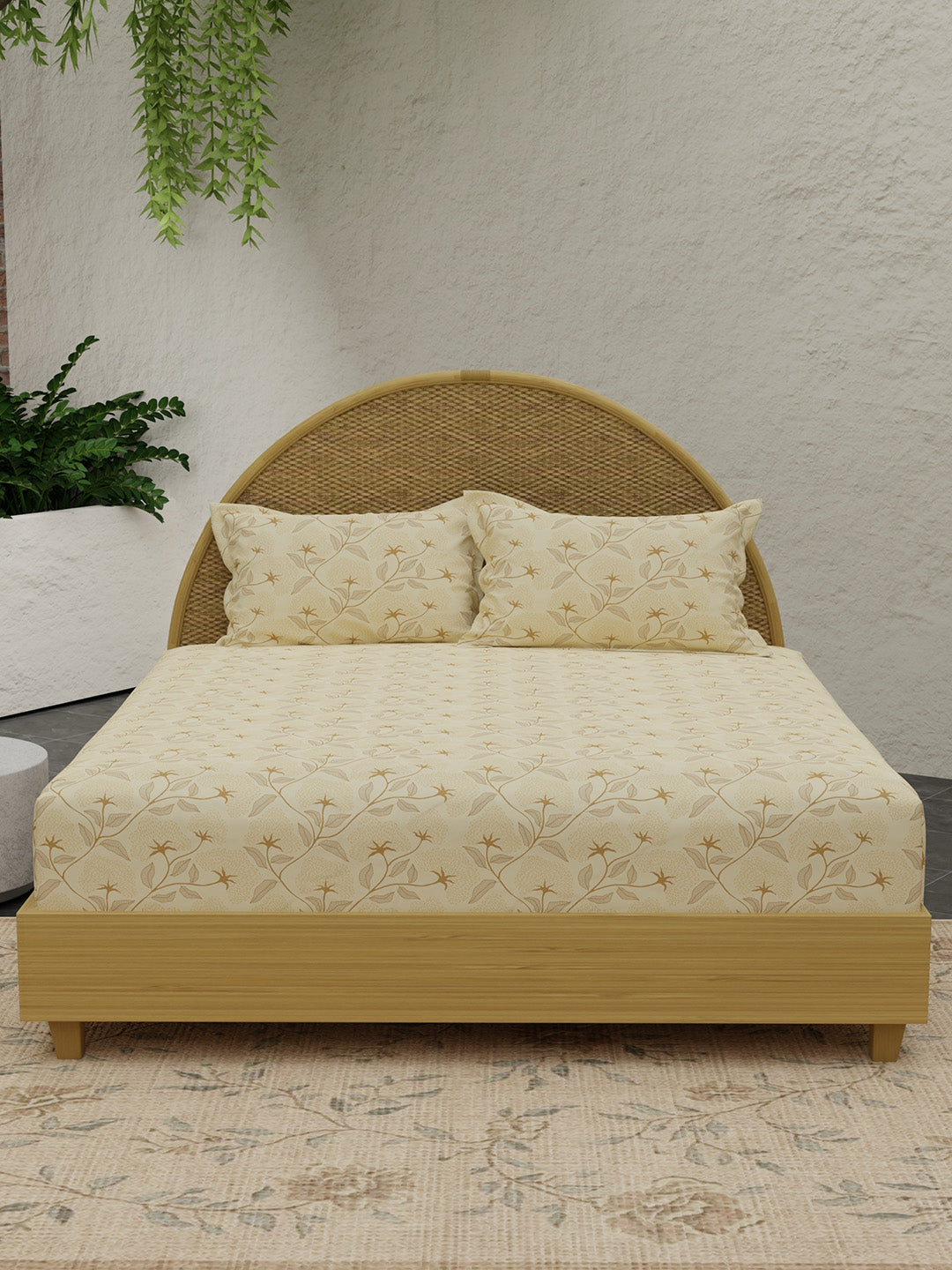 Sandalwood Aroma, 100% Cotton 300 TC, Beige Floral King Bedsheet with 2 Pillow Covers (Nature Bouquet Collection)