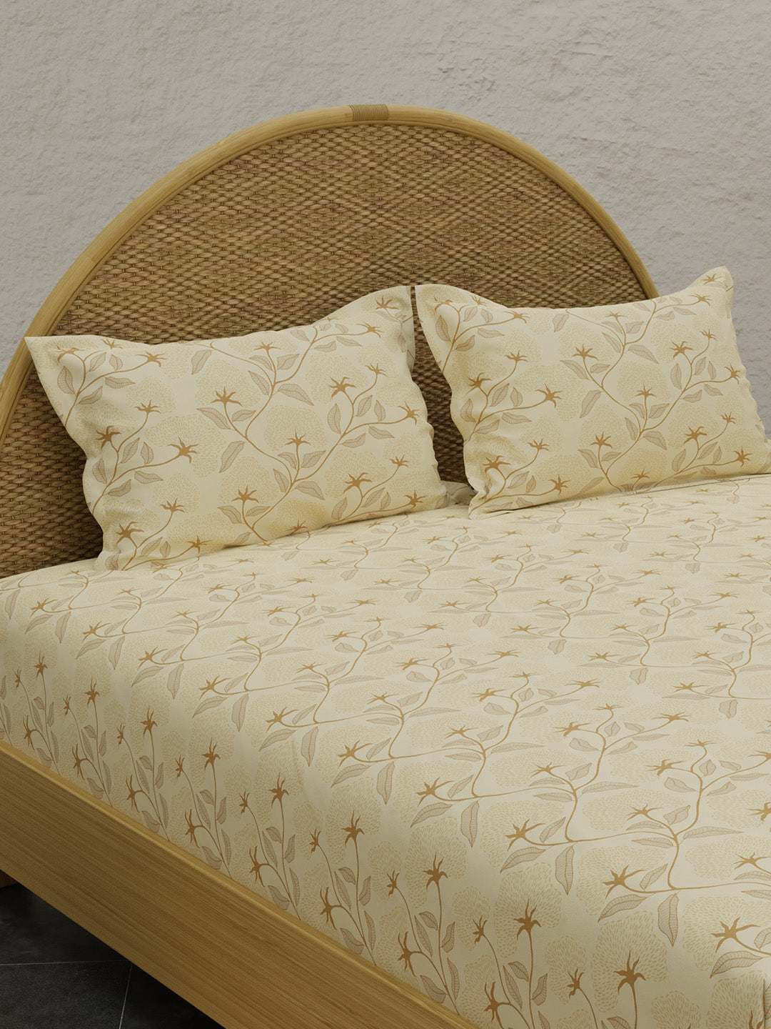 Sandalwood Aroma, 100% Cotton 300 TC, Beige Floral King Bedsheet with 2 Pillow Covers (Nature Bouquet Collection)
