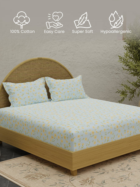 King Size Bedsheet Set with Gift Box - 100% Cotton 300 TC Blue Floral Jasmine Aroma, Nature Bouquet