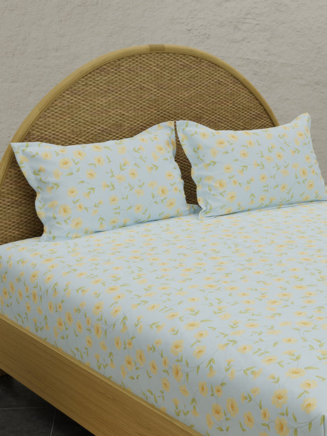 King Size Bedsheet Set with Gift Box - 100% Cotton 300 TC Blue Floral Jasmine Aroma, Nature Bouquet