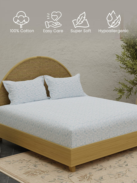 King Size Bedsheet Set with Gift Box - 100% Cotton 300 TC Blue & White Floral Jasmine Aroma, Nature Bouquet