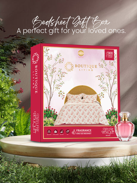 King Size Bedsheet Set with Gift Box - 100% Cotton 300 TC Pink Floral Rose Aroma, Nature Bouquet