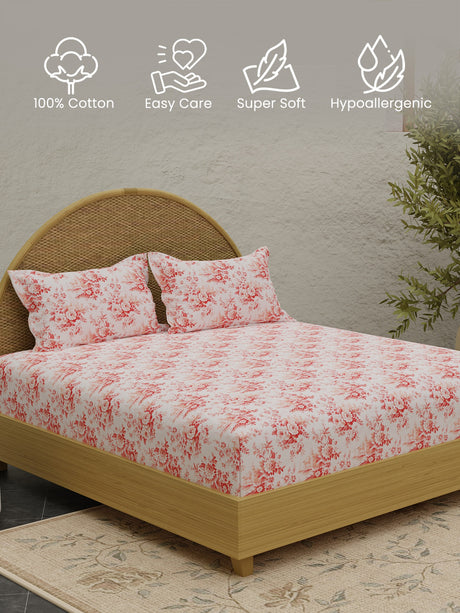 King Size Bedsheet Set with Gift Box - 100% Cotton 300 TC Pink Floral Rose Aroma, Nature Bouquet