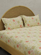 Green Apple Aroma, 100% Cotton 300 TC, Green Floral King Bedsheet with 2 Pillow Covers (Nature Bouquet Collection)