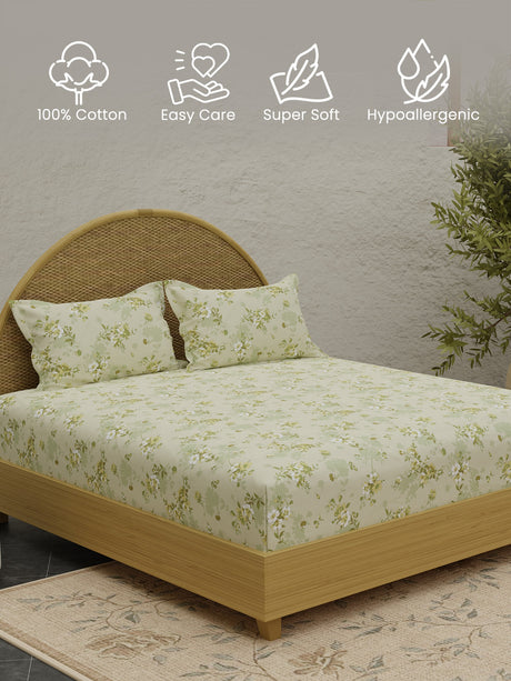 King Size Bedsheet Set with Gift Box - 100% Cotton 300 TC Green Floral Green Apple Aroma, Nature Bouquet