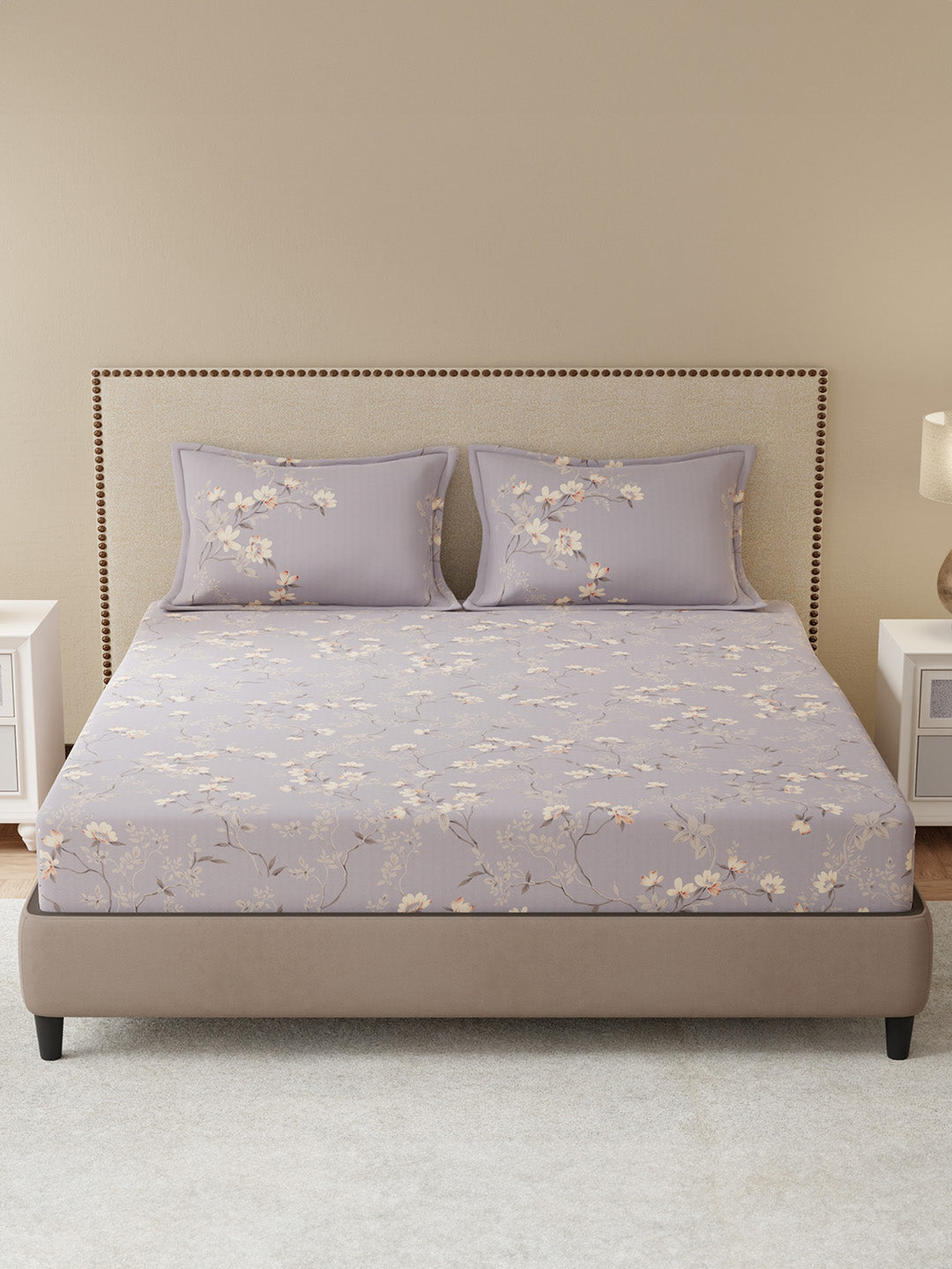 100% Cotton King Bedsheet Set, 300 TC Purple Floral, Gardenia Augusta