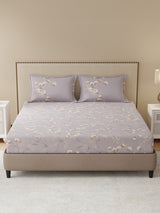 100% Cotton King Bedsheet Set, 300 TC Purple Floral, Gardenia Augusta