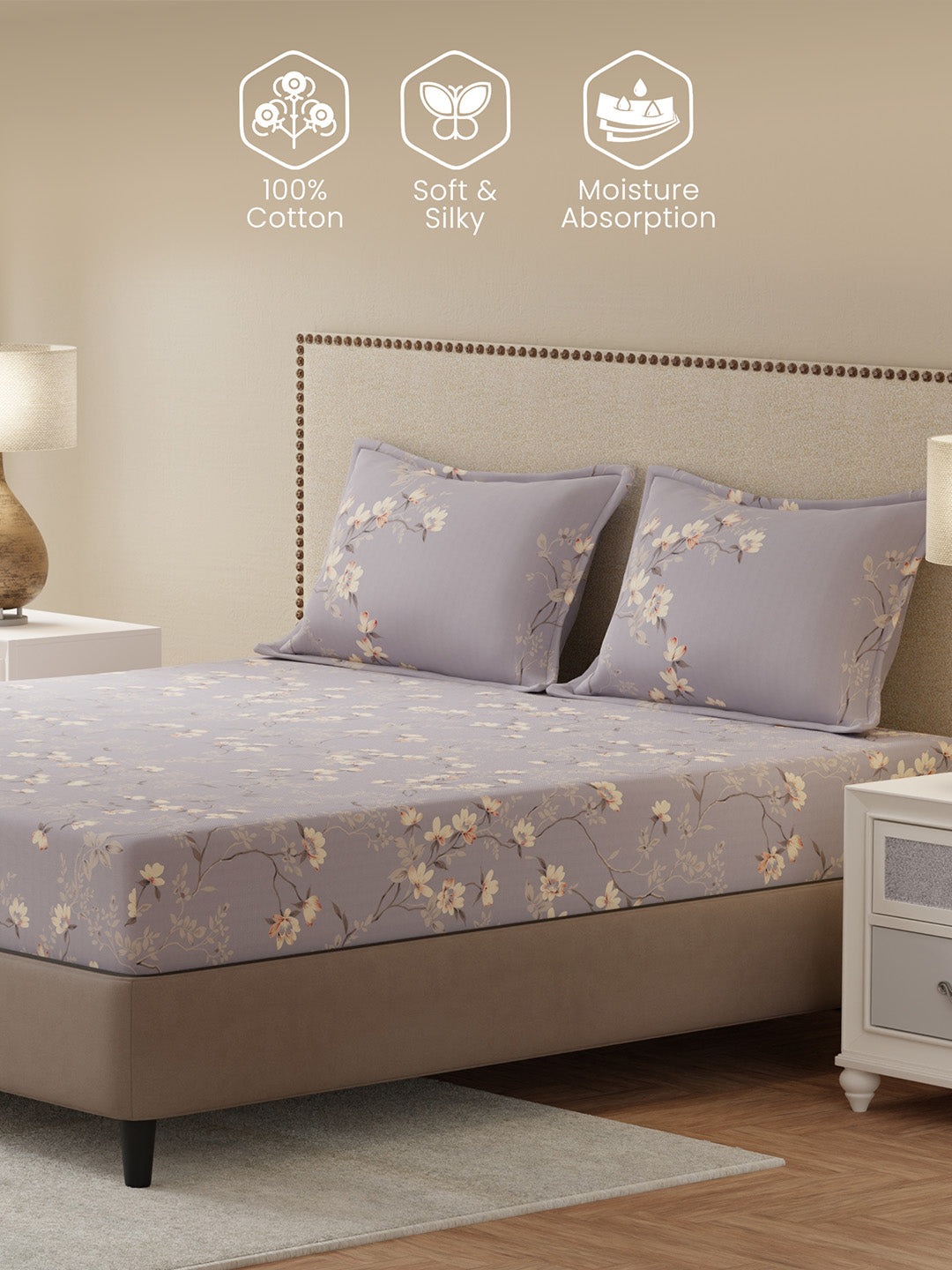 100% Cotton King Bedsheet Set, 300 TC Purple Floral, Gardenia Augusta