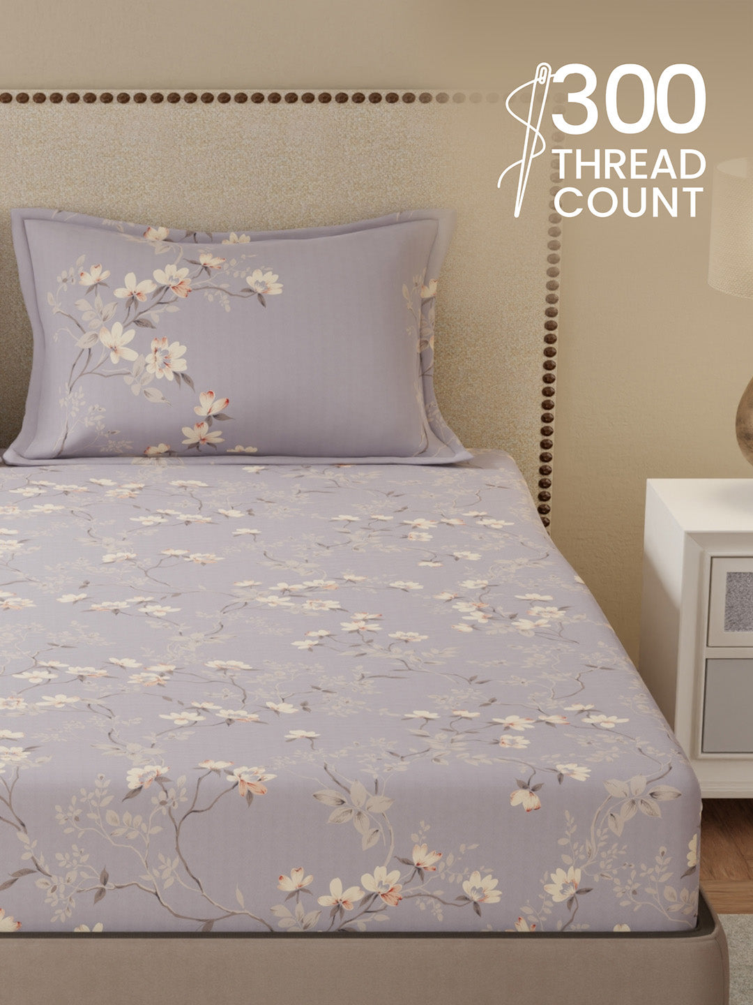 100% Cotton King Bedsheet Set, 300 TC Purple Floral, Gardenia Augusta