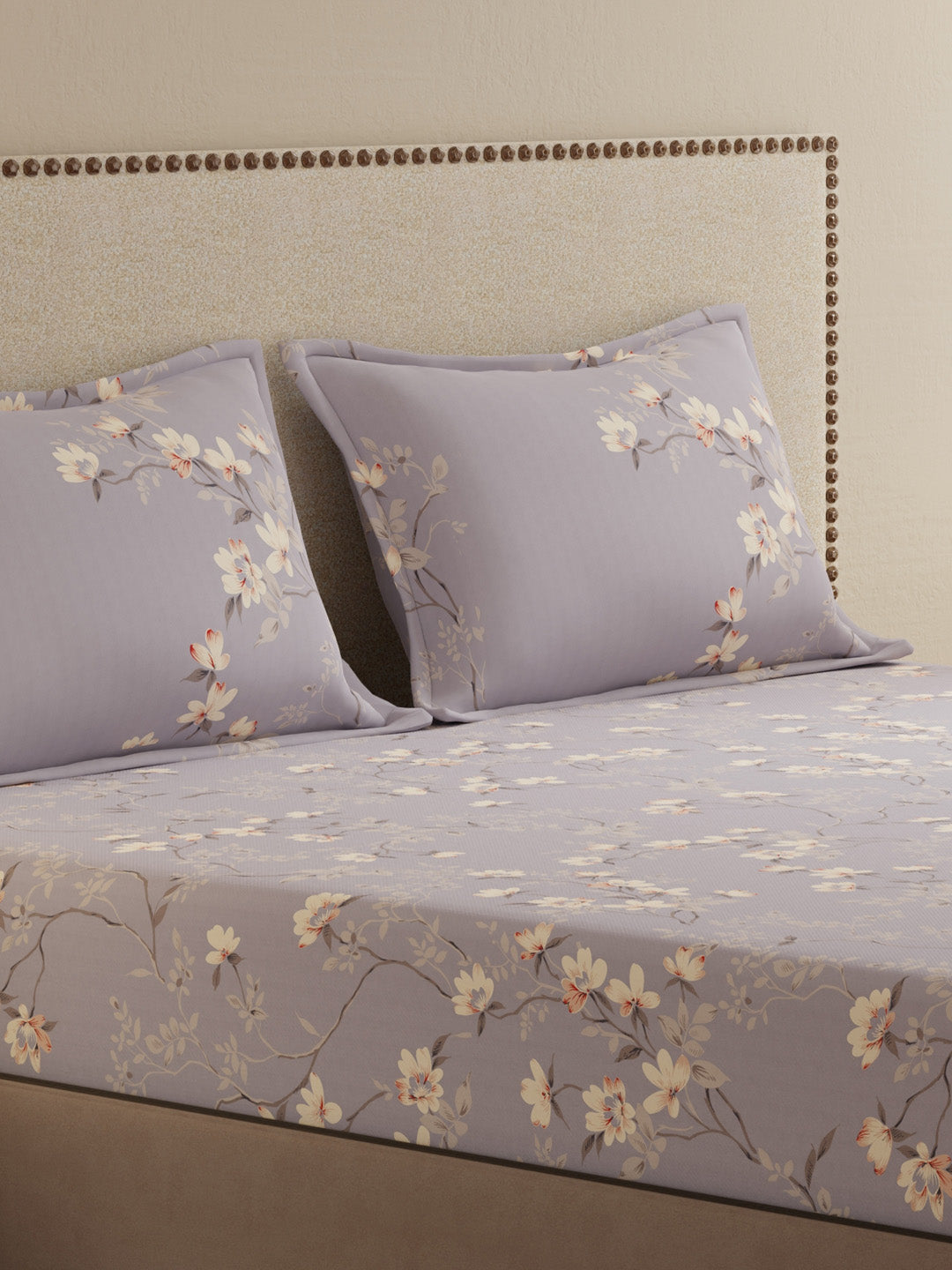 100% Cotton King Bedsheet Set, 300 TC Purple Floral, Gardenia Augusta