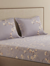 100% Cotton King Bedsheet Set, 300 TC Purple Floral, Gardenia Augusta
