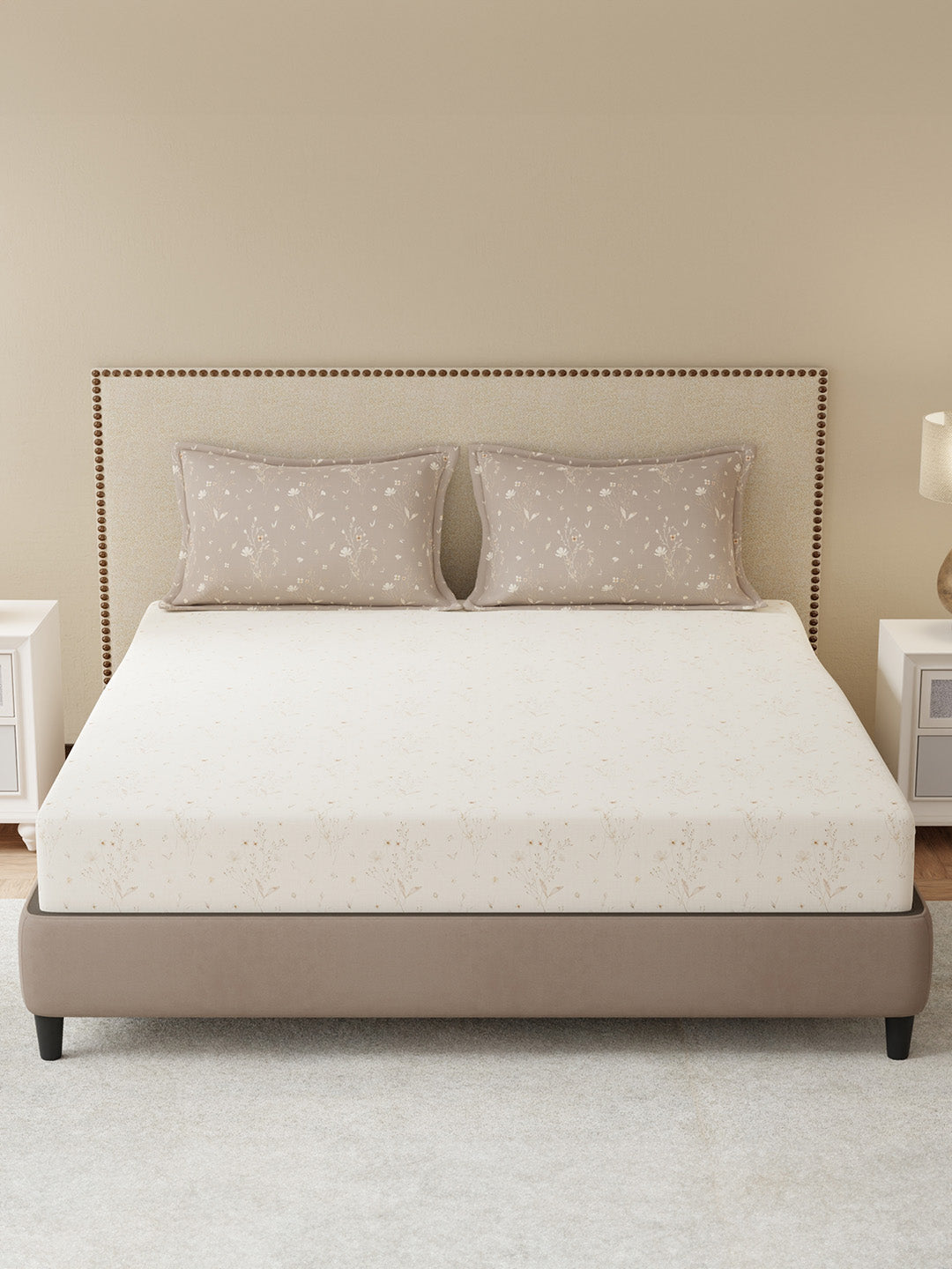 100% Cotton King Bedsheet Set, 300 TC Cream & Grey Floral, Gardenia Augusta