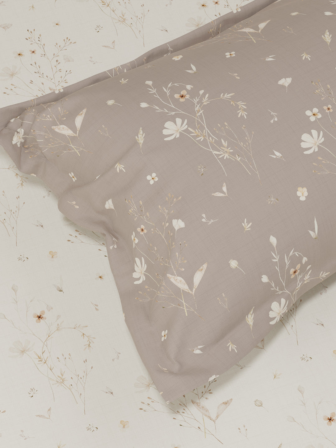 100% Cotton King Bedsheet Set, 300 TC Cream & Grey Floral, Gardenia Augusta