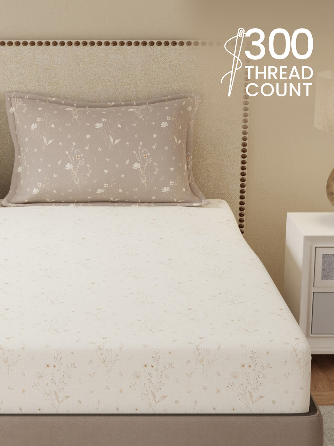 100% Cotton King Bedsheet Set, 300 TC Cream & Grey Floral, Gardenia Augusta