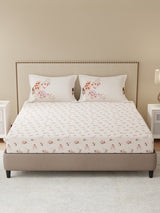 100% Cotton King Bedsheet Set, 300 TC White Floral, Gardenia Augusta