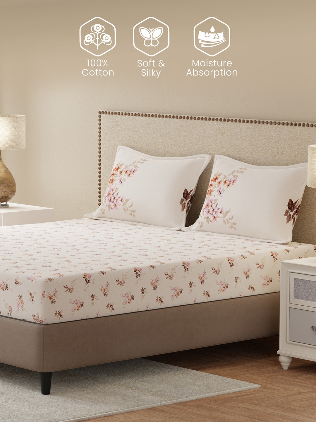 100% Cotton King Bedsheet Set, 300 TC White Floral, Gardenia Augusta