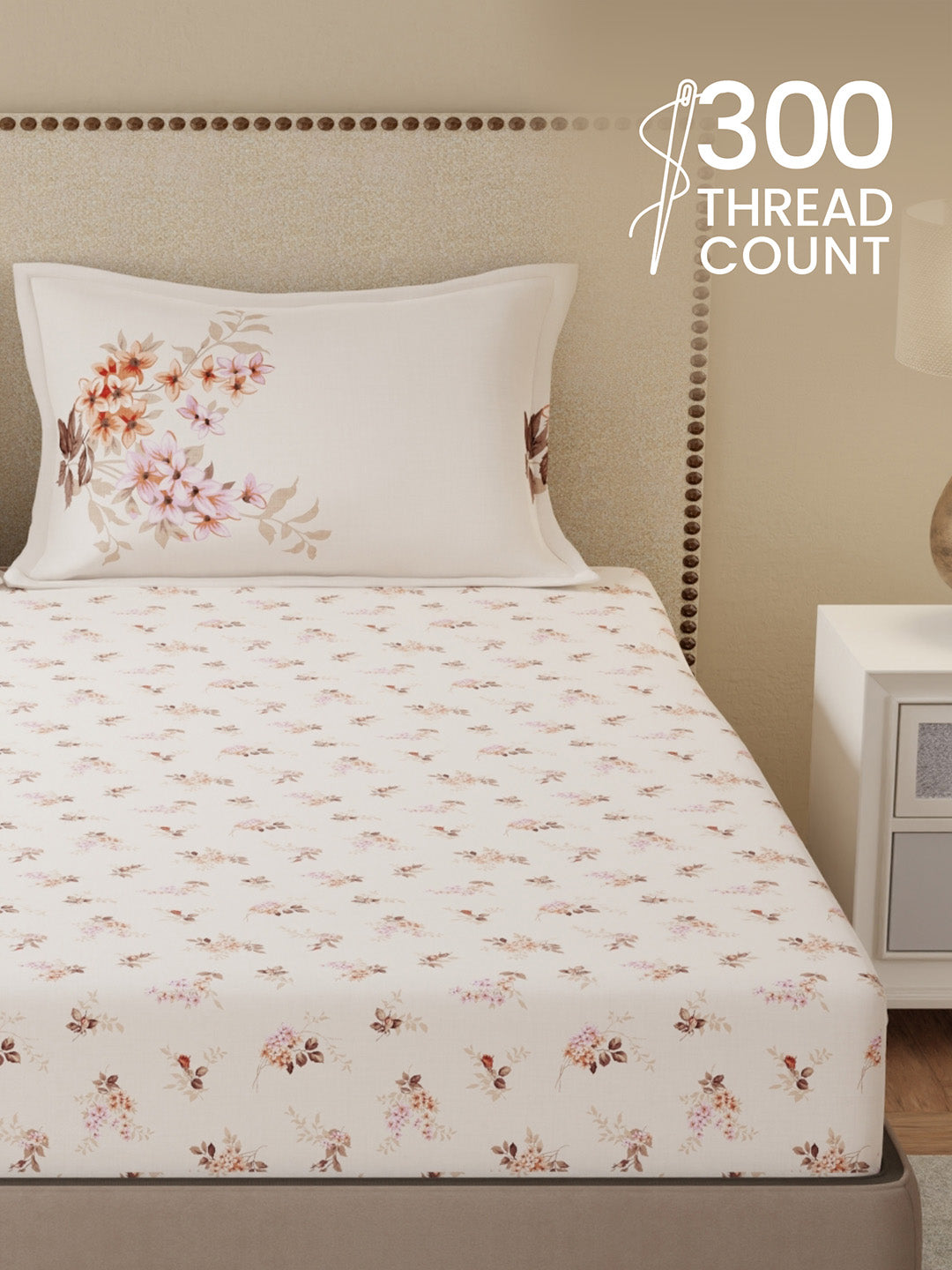 100% Cotton King Bedsheet Set, 300 TC White Floral, Gardenia Augusta