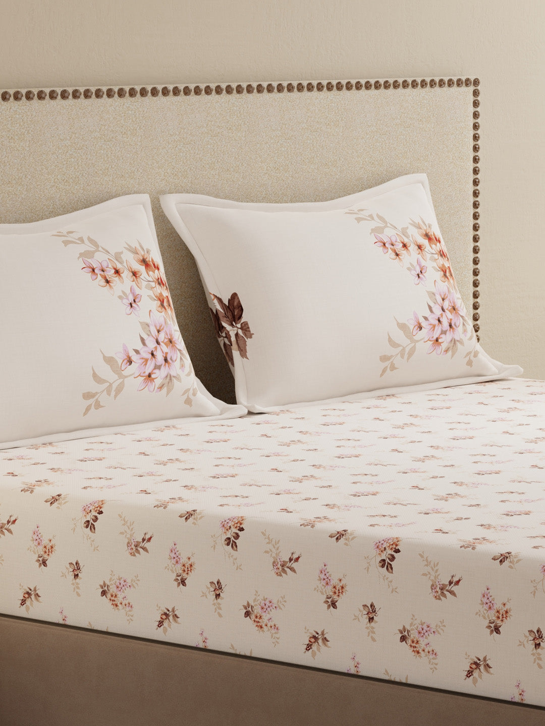 100% Cotton King Bedsheet Set, 300 TC White Floral, Gardenia Augusta