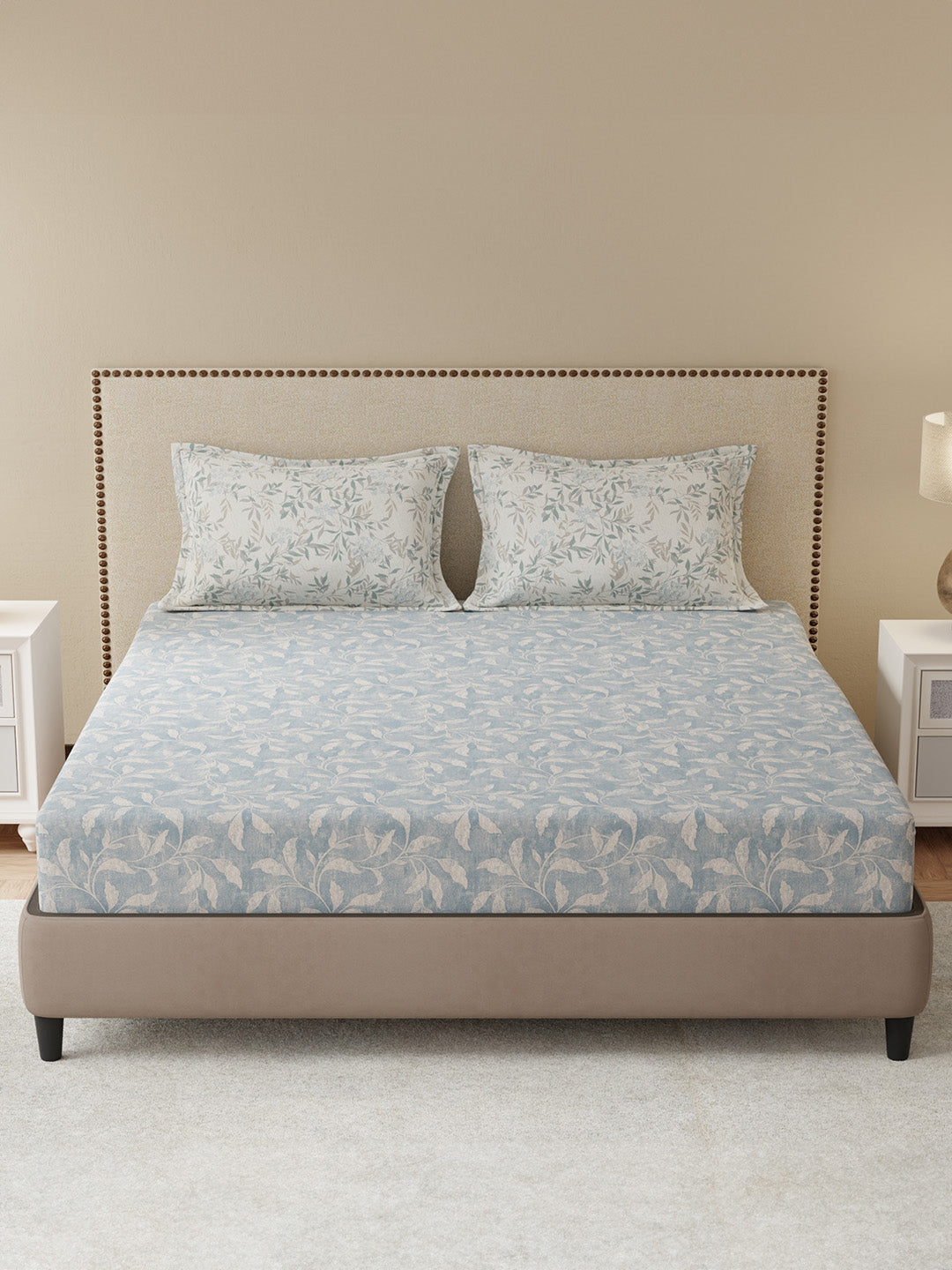 100% Cotton King Bedsheet Set, 300 TC Blue & Grey Floral, Gardenia Augusta