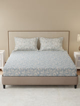 100% Cotton King Bedsheet Set, 300 TC Blue & Grey Floral, Gardenia Augusta