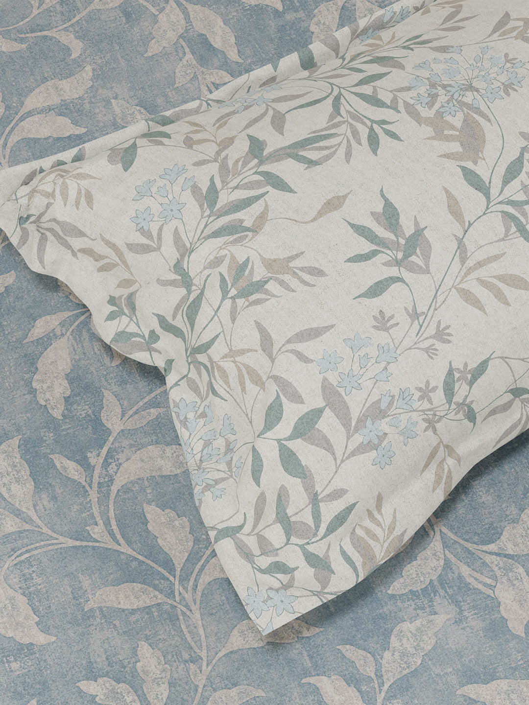 100% Cotton King Bedsheet Set, 300 TC Blue & Grey Floral, Gardenia Augusta