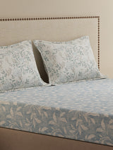 100% Cotton King Bedsheet Set, 300 TC Blue & Grey Floral, Gardenia Augusta