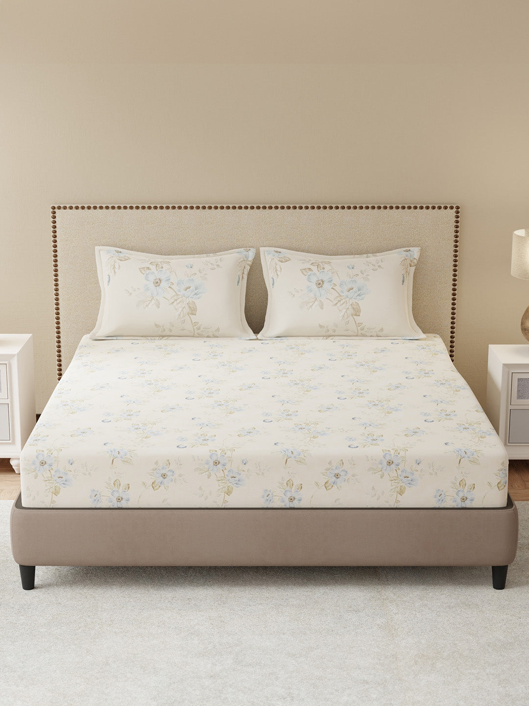 100% Cotton King Bedsheet Set, 300 TC Blue & Cream Floral, Gardenia Augusta