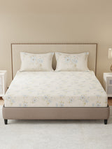 100% Cotton King Bedsheet Set, 300 TC Blue & Cream Floral, Gardenia Augusta