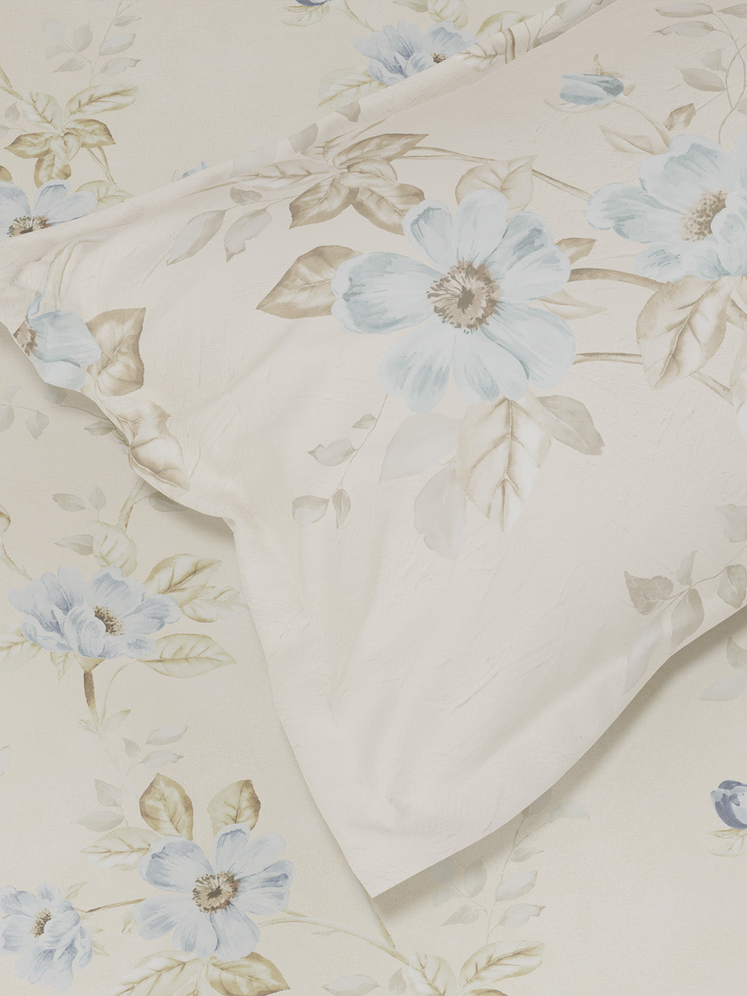 100% Cotton King Bedsheet Set, 300 TC Blue & Cream Floral, Gardenia Augusta