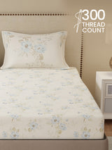 100% Cotton King Bedsheet Set, 300 TC Blue & Cream Floral, Gardenia Augusta