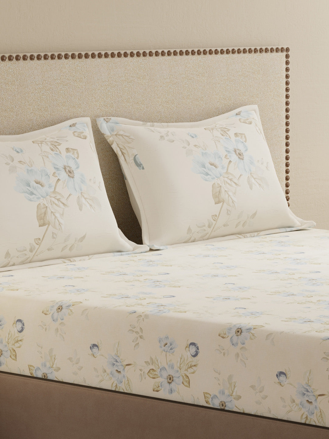100% Cotton King Bedsheet Set, 300 TC Blue & Cream Floral, Gardenia Augusta