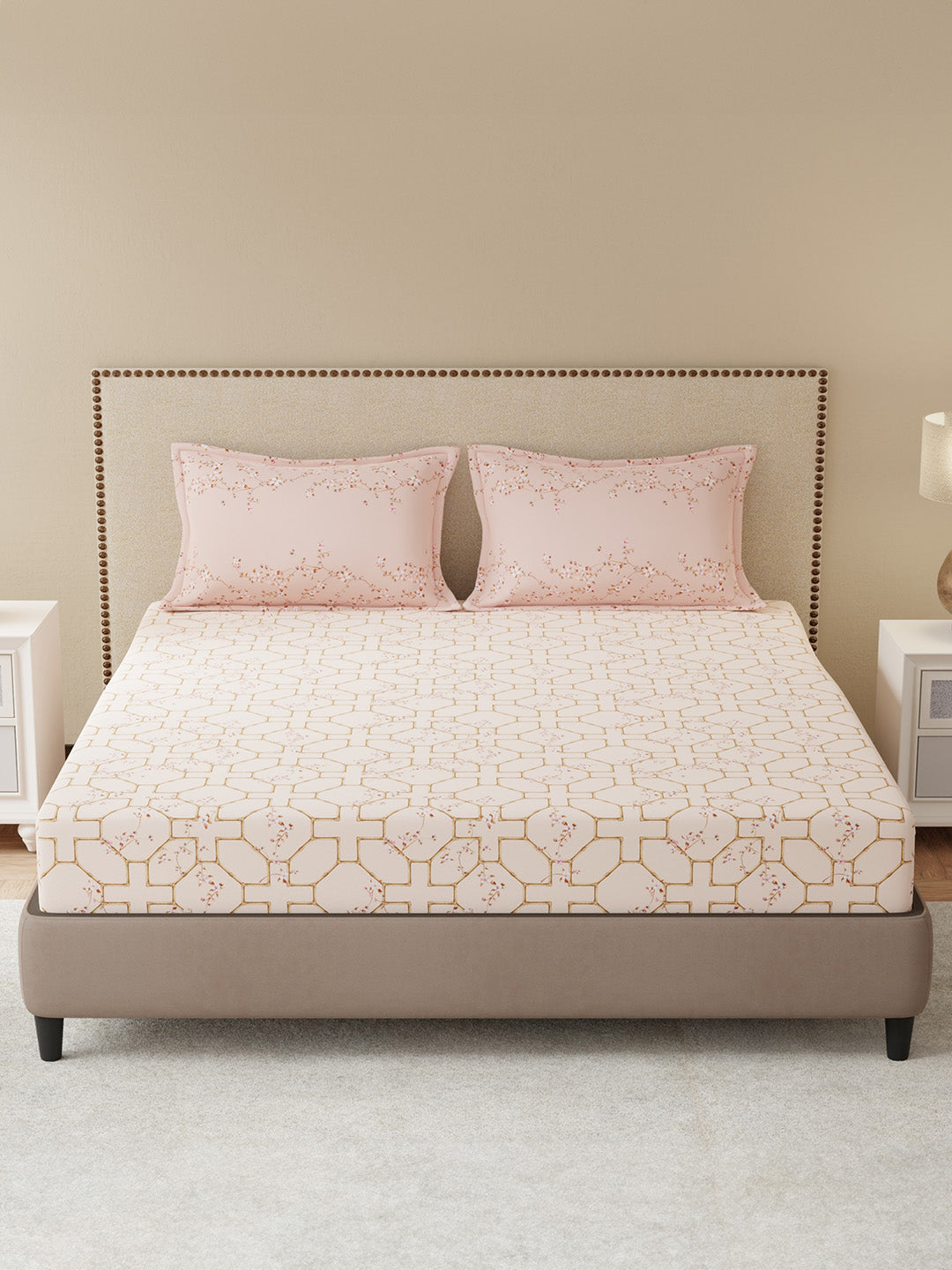 100% Cotton King Bedsheet Set, 300 TC Pink Floral, Gardenia Augusta