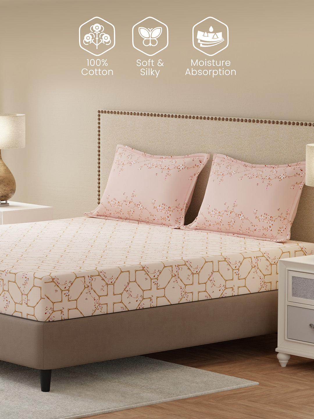 100% Cotton King Bedsheet Set, 300 TC Pink Floral, Gardenia Augusta