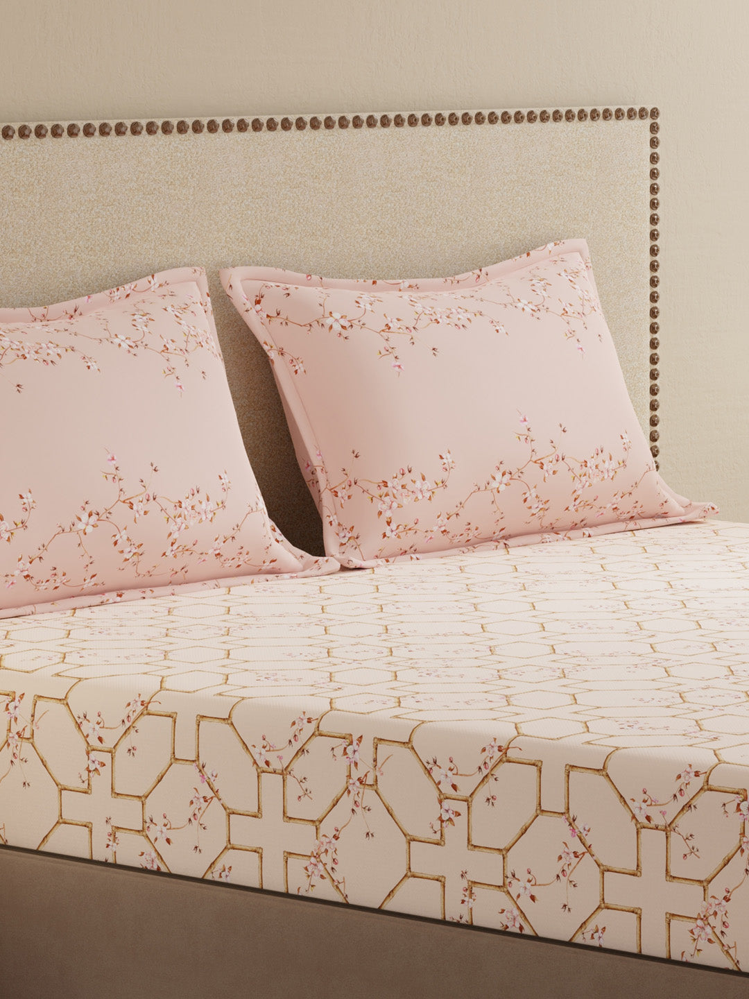 100% Cotton King Bedsheet Set, 300 TC Pink Floral, Gardenia Augusta