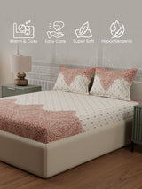 100% Cotton 300 TC, White & Brown Digitally Printed King Bedsheet with 2 Pillow Covers (Gardenia Augusta Vintage Collection)