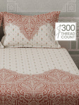 100% Cotton 300 TC, White & Brown Digitally Printed King Bedsheet with 2 Pillow Covers (Gardenia Augusta Vintage Collection)
