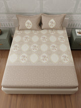 100% Cotton 300 TC, Grey Digitally Printed King Bedsheet with 2 Pillow Covers (Gardenia Augusta Vintage Collection)