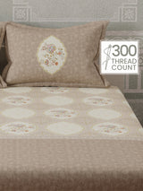 100% Cotton 300 TC, Grey Digitally Printed King Bedsheet with 2 Pillow Covers (Gardenia Augusta Vintage Collection)