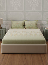 100% Cotton 300 TC, Green & Cream Digitally Printed King Bedsheet with 2 Pillow Covers (Gardenia Augusta Vintage Collection)