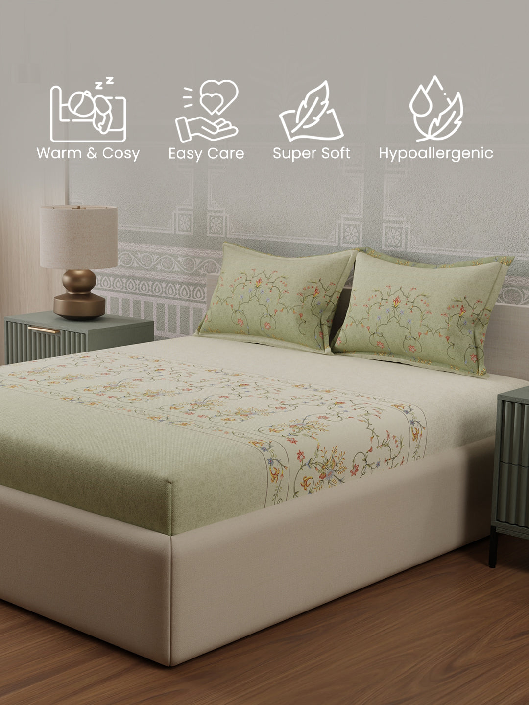 100% Cotton 300 TC, Green & Cream Digitally Printed King Bedsheet with 2 Pillow Covers (Gardenia Augusta Vintage Collection)