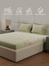 100% Cotton 300 TC, Green & Cream Digitally Printed King Bedsheet with 2 Pillow Covers (Gardenia Augusta Vintage Collection)