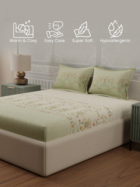 100% Cotton 300 TC, Green & Cream Digitally Printed King Bedsheet with 2 Pillow Covers (Gardenia Augusta Vintage Collection)