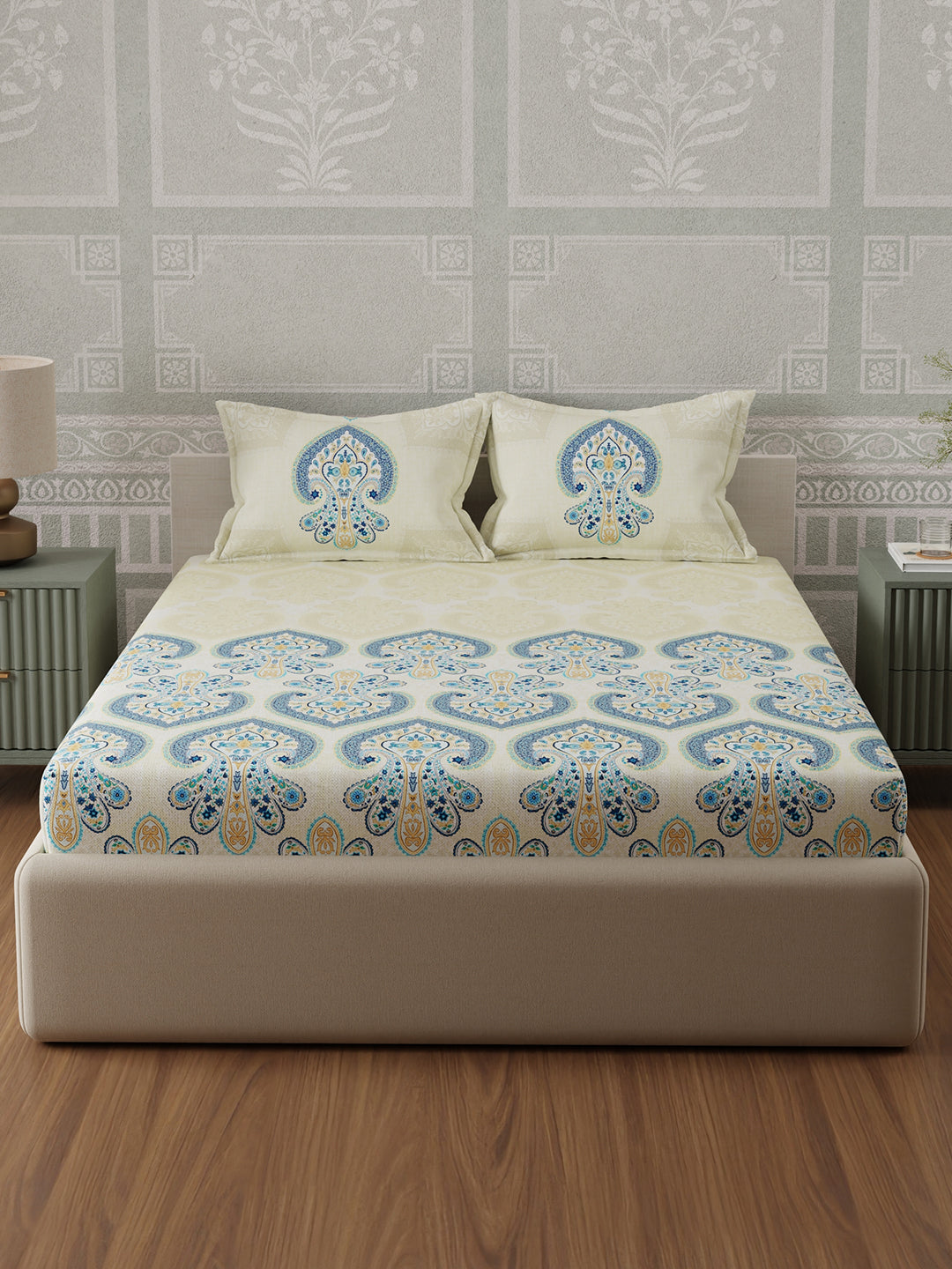 100% Cotton 300 TC, Blue & Cream Digitally Printed King Bedsheet with 2 Pillow Covers (Gardenia Augusta Vintage Collection)