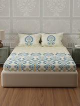 100% Cotton 300 TC, Blue & Cream Digitally Printed King Bedsheet with 2 Pillow Covers (Gardenia Augusta Vintage Collection)