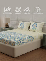 100% Cotton 300 TC, Blue & Cream Digitally Printed King Bedsheet with 2 Pillow Covers (Gardenia Augusta Vintage Collection)