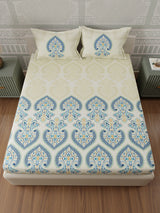100% Cotton 300 TC, Blue & Cream Digitally Printed King Bedsheet with 2 Pillow Covers (Gardenia Augusta Vintage Collection)