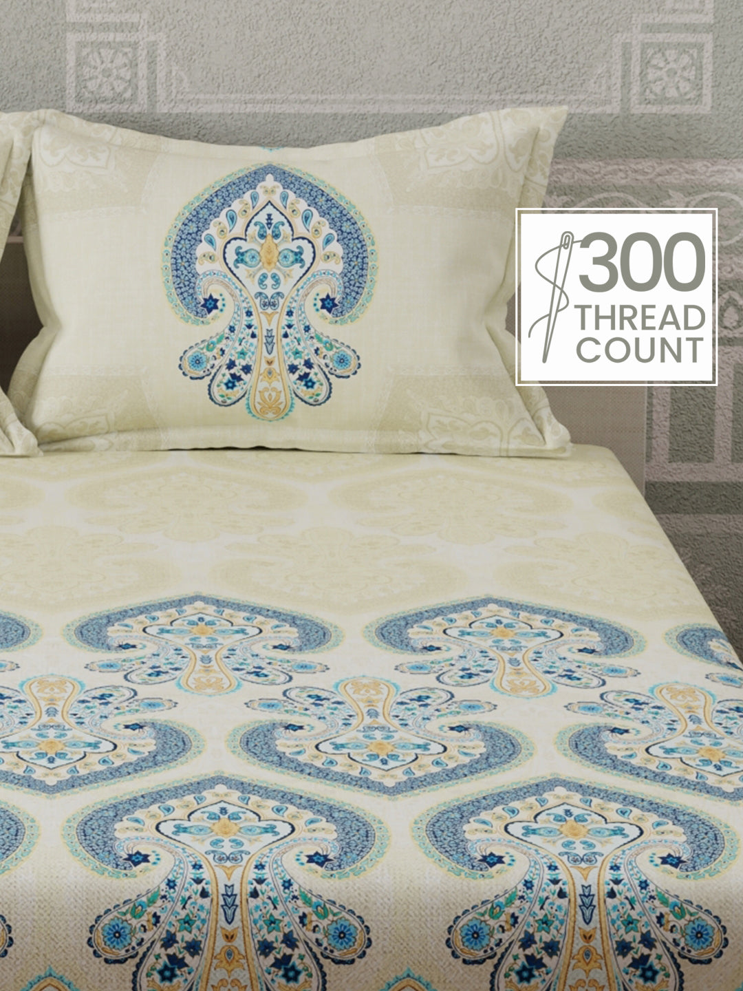100% Cotton 300 TC, Blue & Cream Digitally Printed King Bedsheet with 2 Pillow Covers (Gardenia Augusta Vintage Collection)